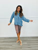 Chambray Button Down Ruffled Hem Shirt (Reg & Plus)