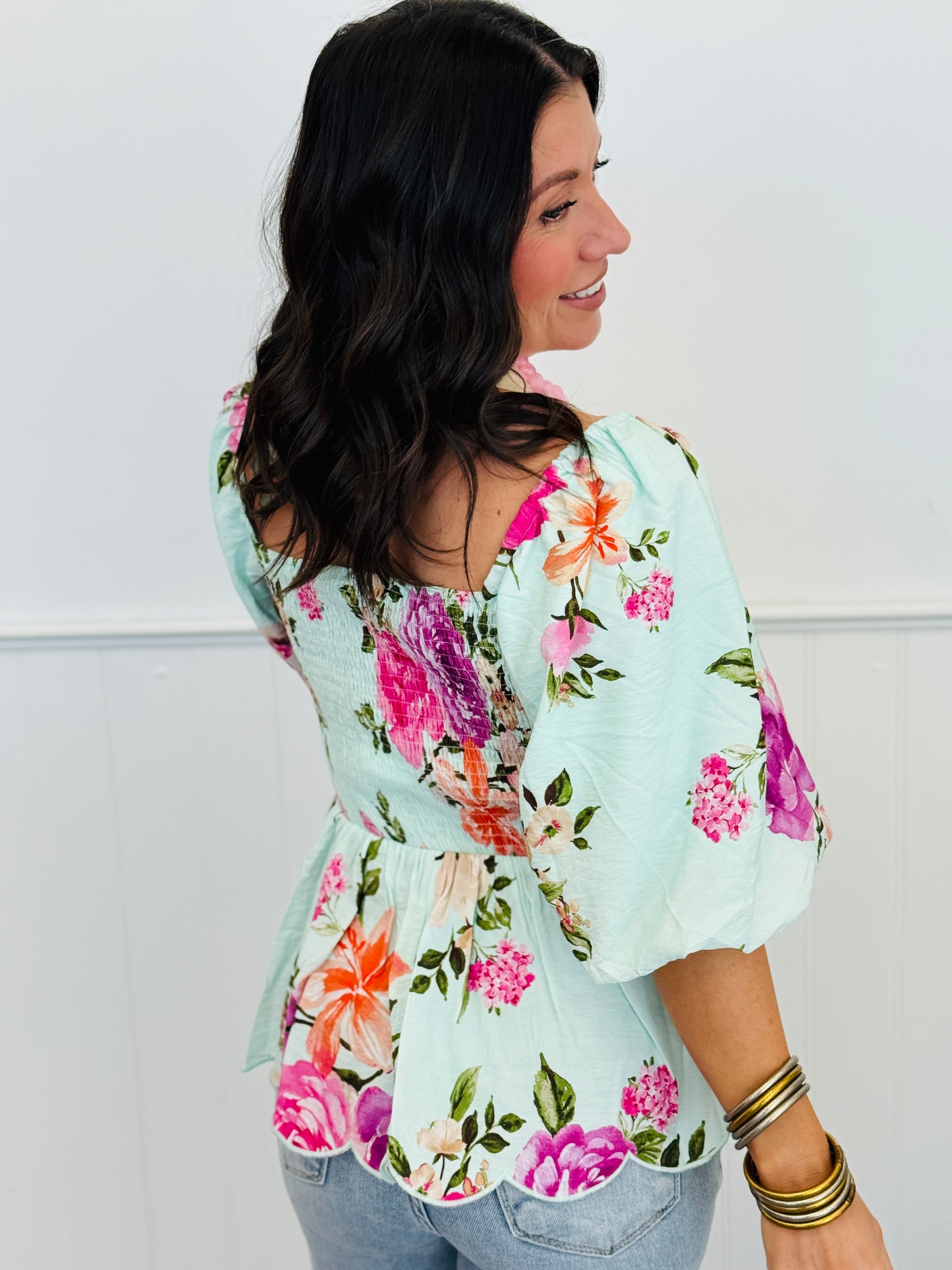 Mint Floral Print Peplum Blouse (Reg & Plus)
