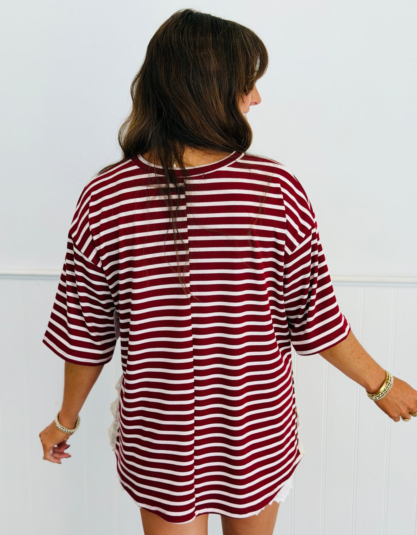 Striped Lace Side Slit Top (Reg. and Plus) - 6 Colors