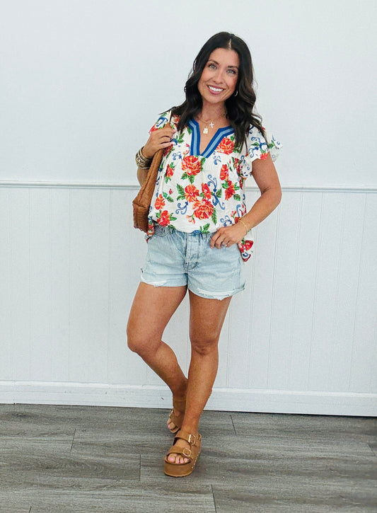 Floral Flutter Sleeve Blouse (Reg. and Plus)