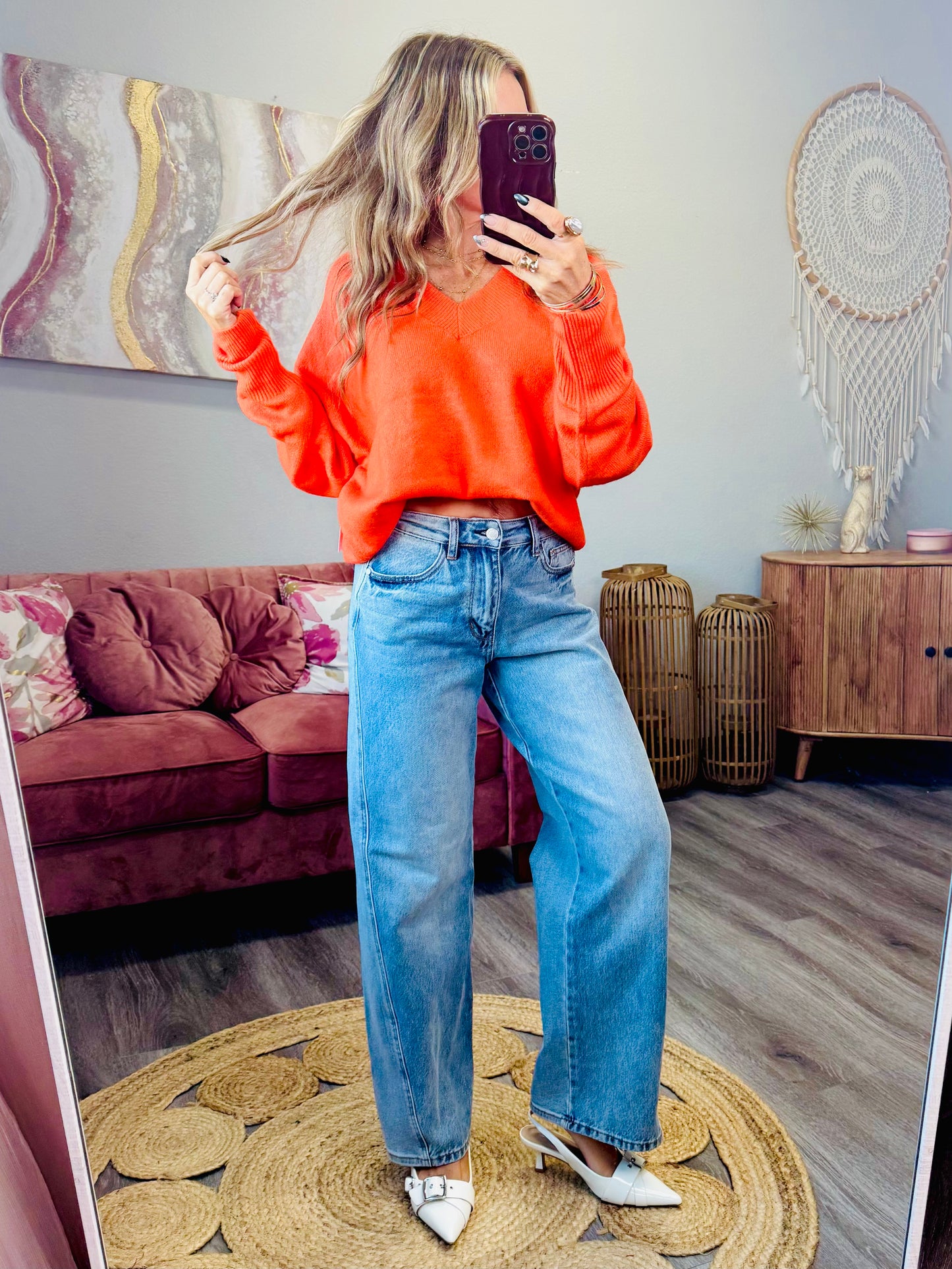 Orange Red V-Neck Sweater Top (Reg.)