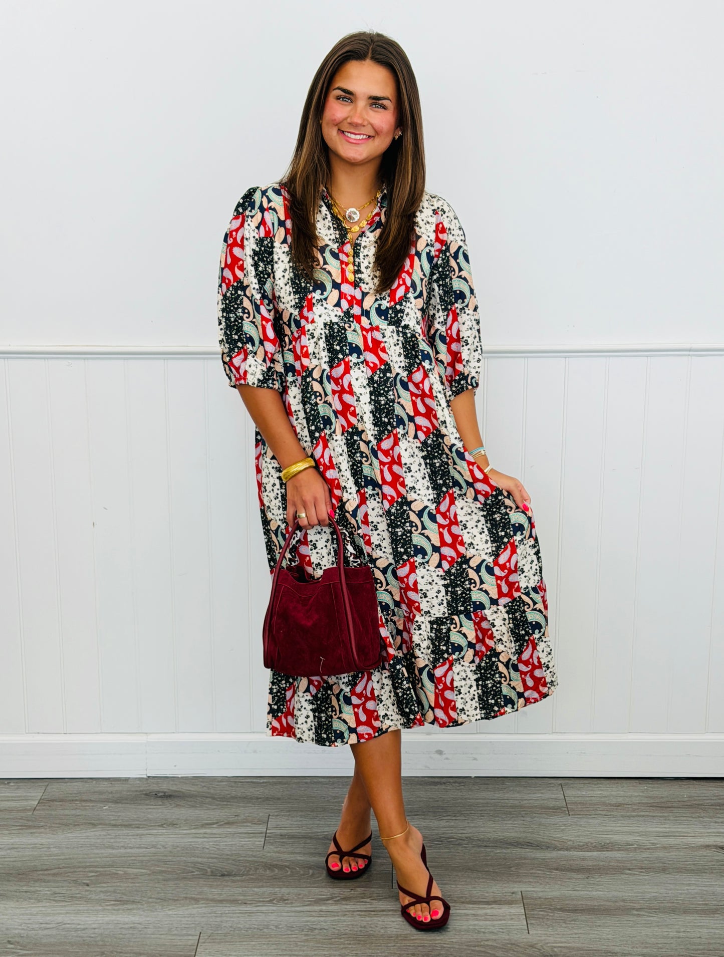 Black/Rust Mixed Print Midi Dress (Reg & Plus)