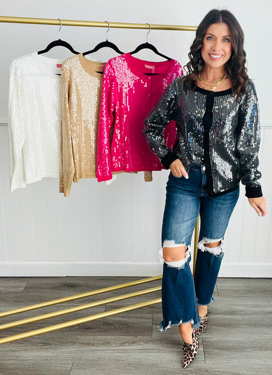 Sparkling Sequin Cardigan Top (Reg)- 4 Colors