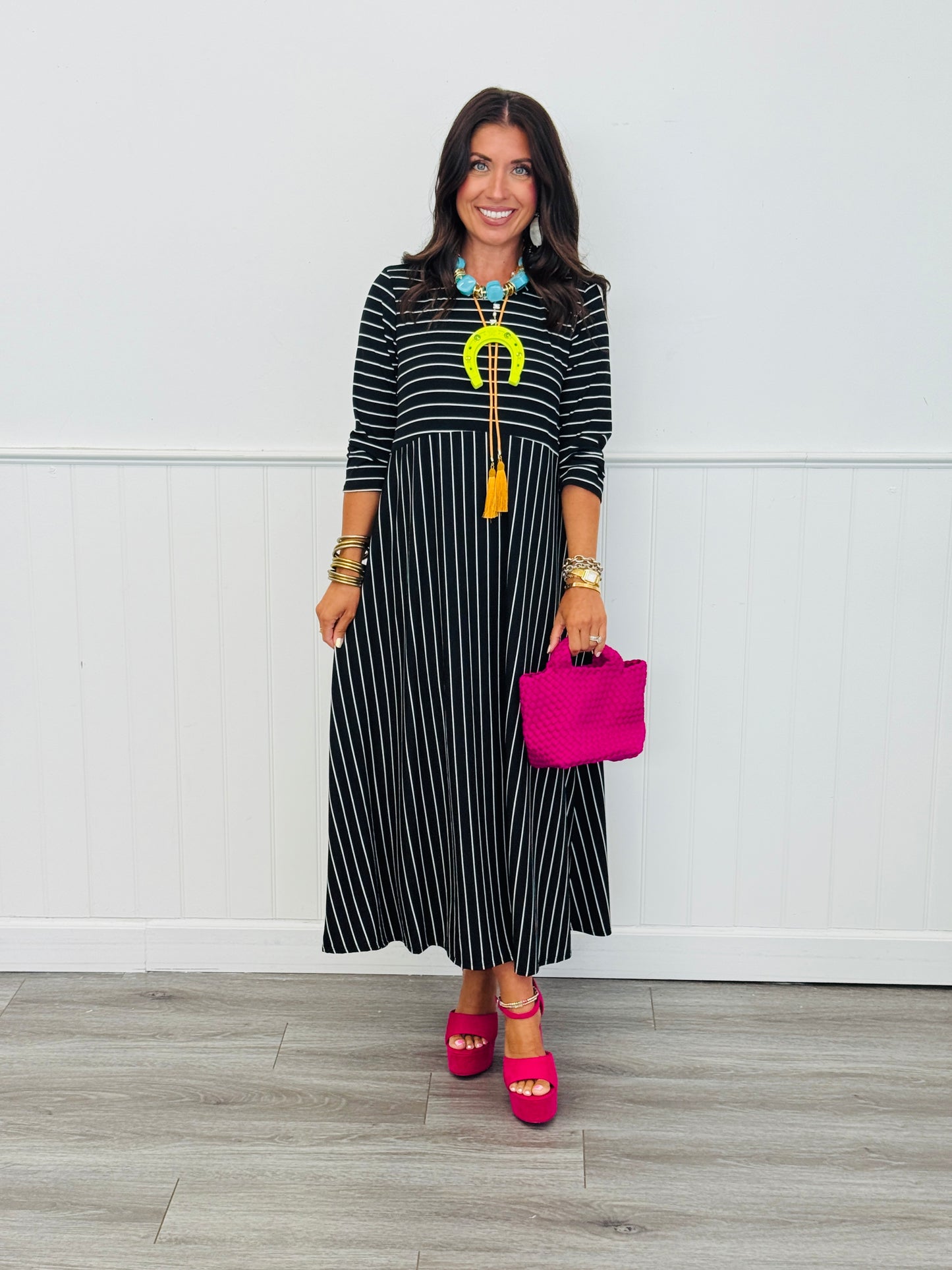 Black Carefree Striped Midi Dress (Reg & Plus)