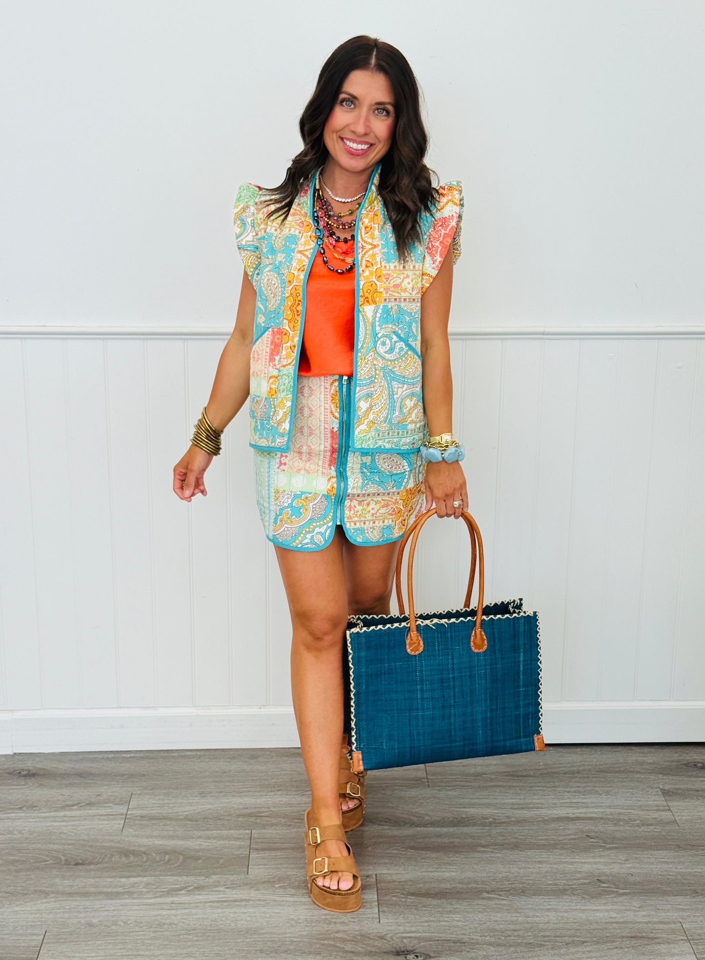Turquoise Quilted Paisley Mini Skirt (Reg & Plus)