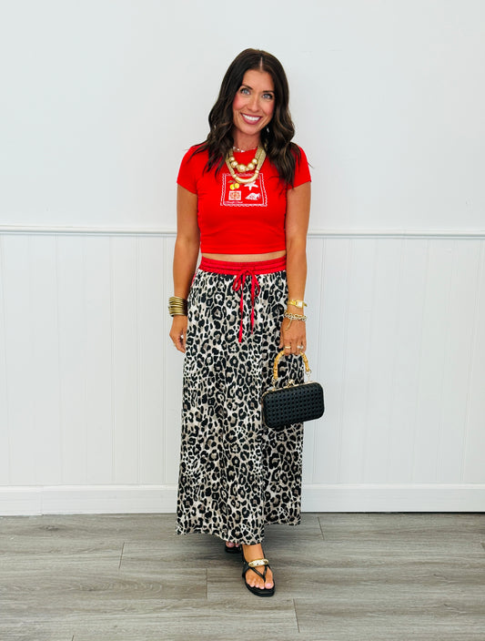 Satin Leopard Red Stripe Maxi Skirt (Reg & Plus)