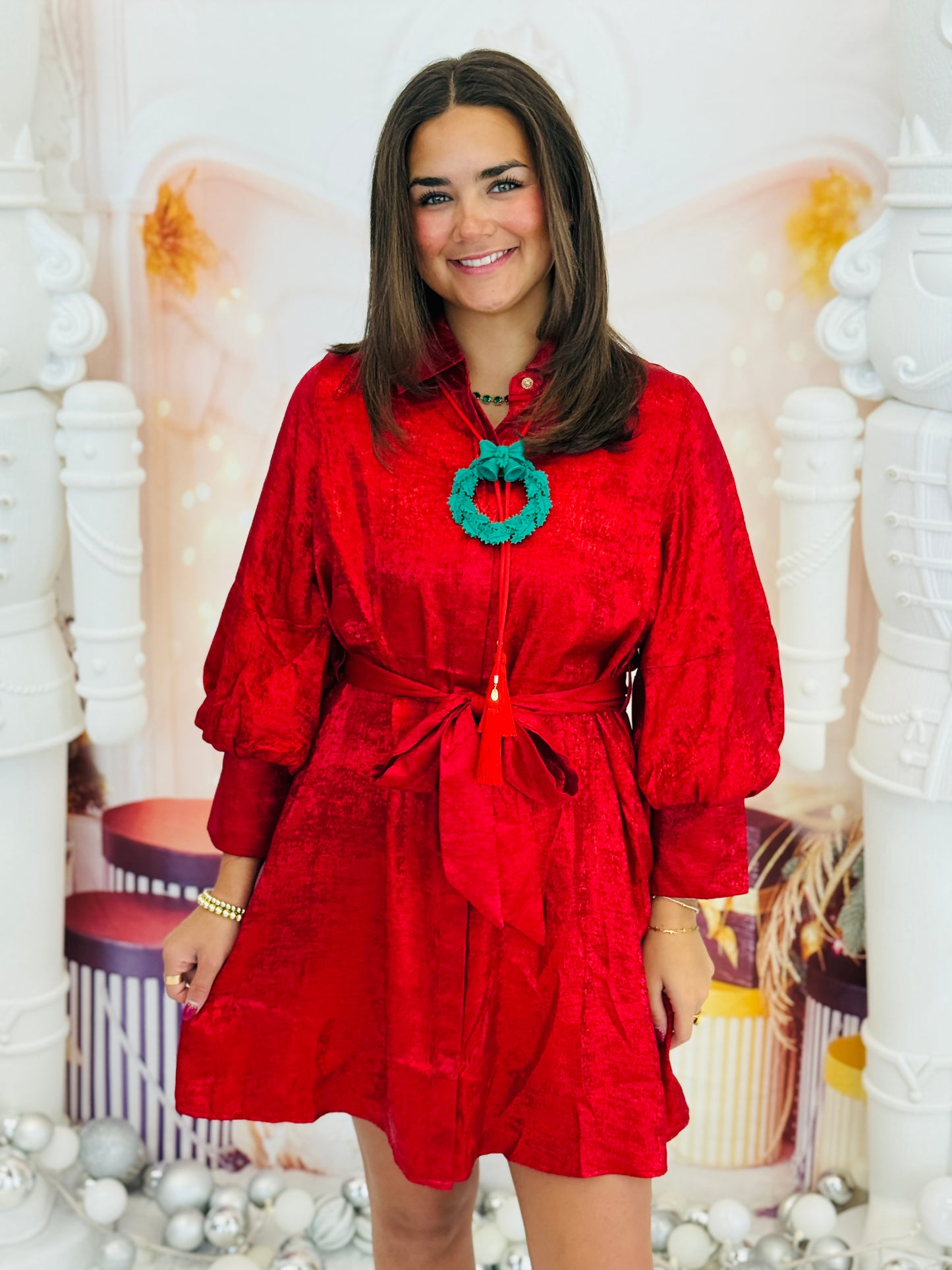Red Metallic Waist Tie Mini Shirt Dress (Reg.)