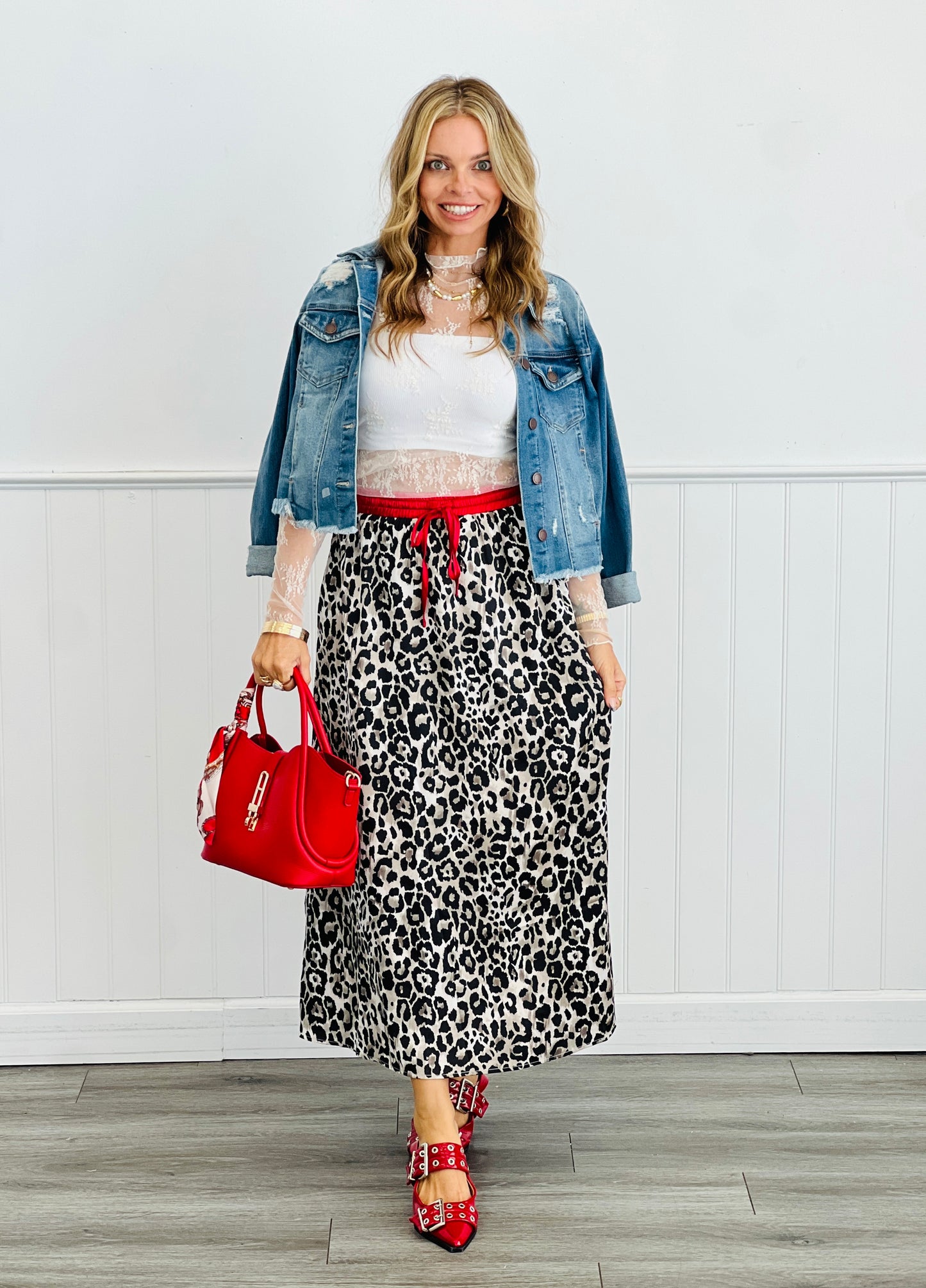 Satin Leopard Red Stripe Maxi Skirt (Reg & Plus)