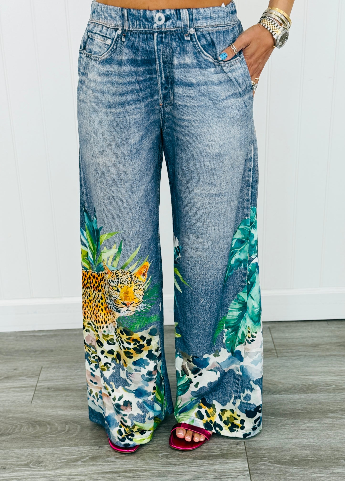 Printed Denim Cheetah Wide Leg Pants (Reg. and Plus)