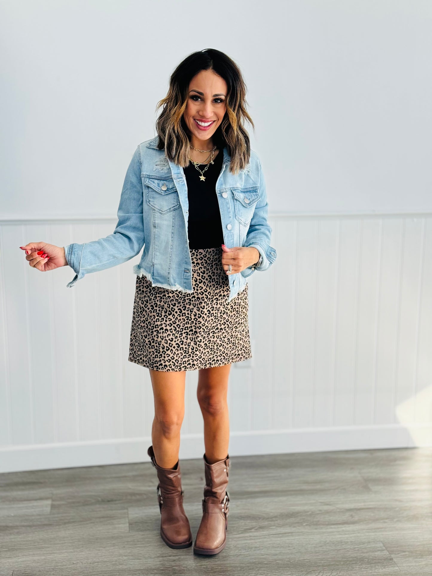 Tan-Black Jacquard Leopard Mini Skirt (Reg)