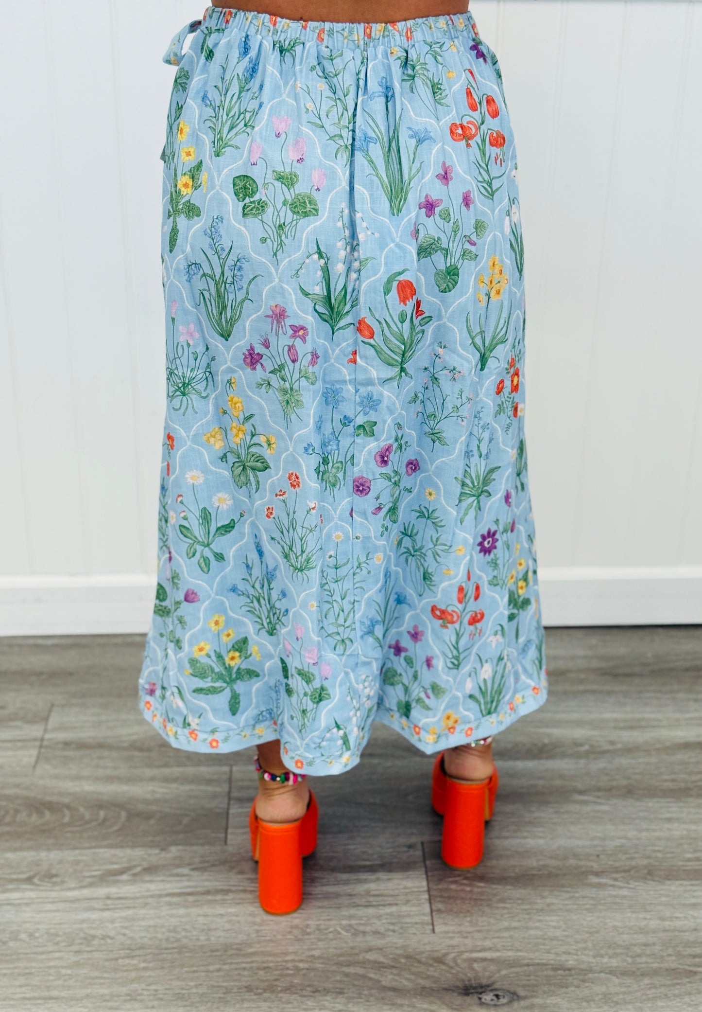 Blue Multi Botanical Print Wrap Midi Skirt (Reg & Plus)