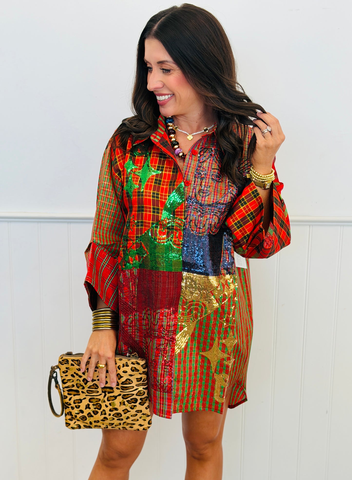 Queen Of Sparkles Plaid Sequin Card Logo Tunic Top (Reg. & Plus)