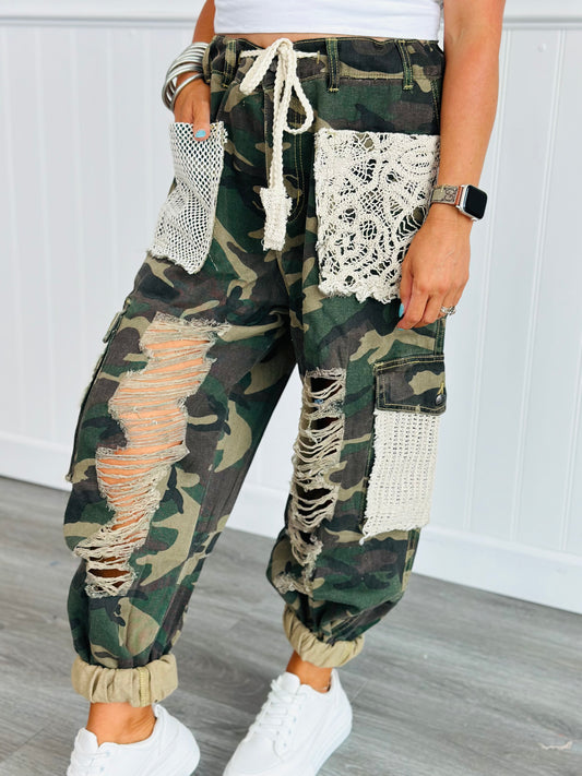 POL Distressed Camo & Lace Jogger Pants (Reg)