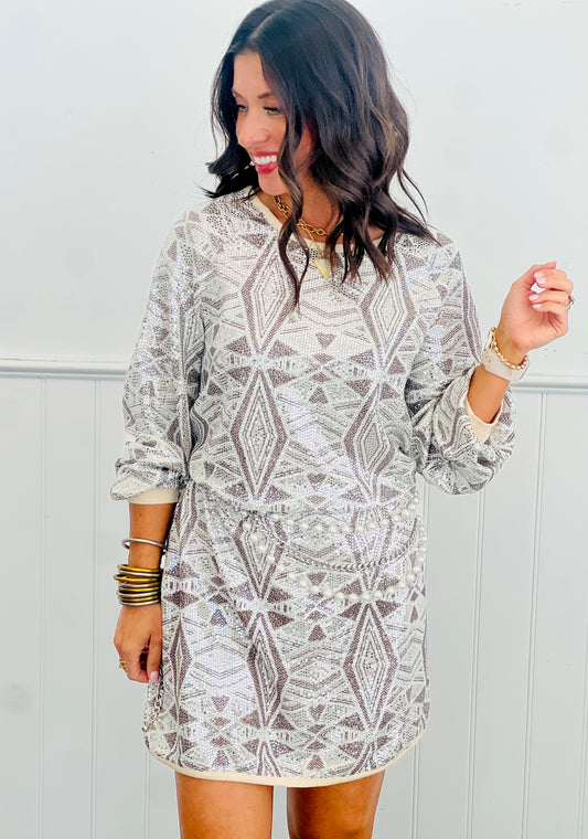 Natural Geometric Sequin Mini Dress (Reg. and Plus)
