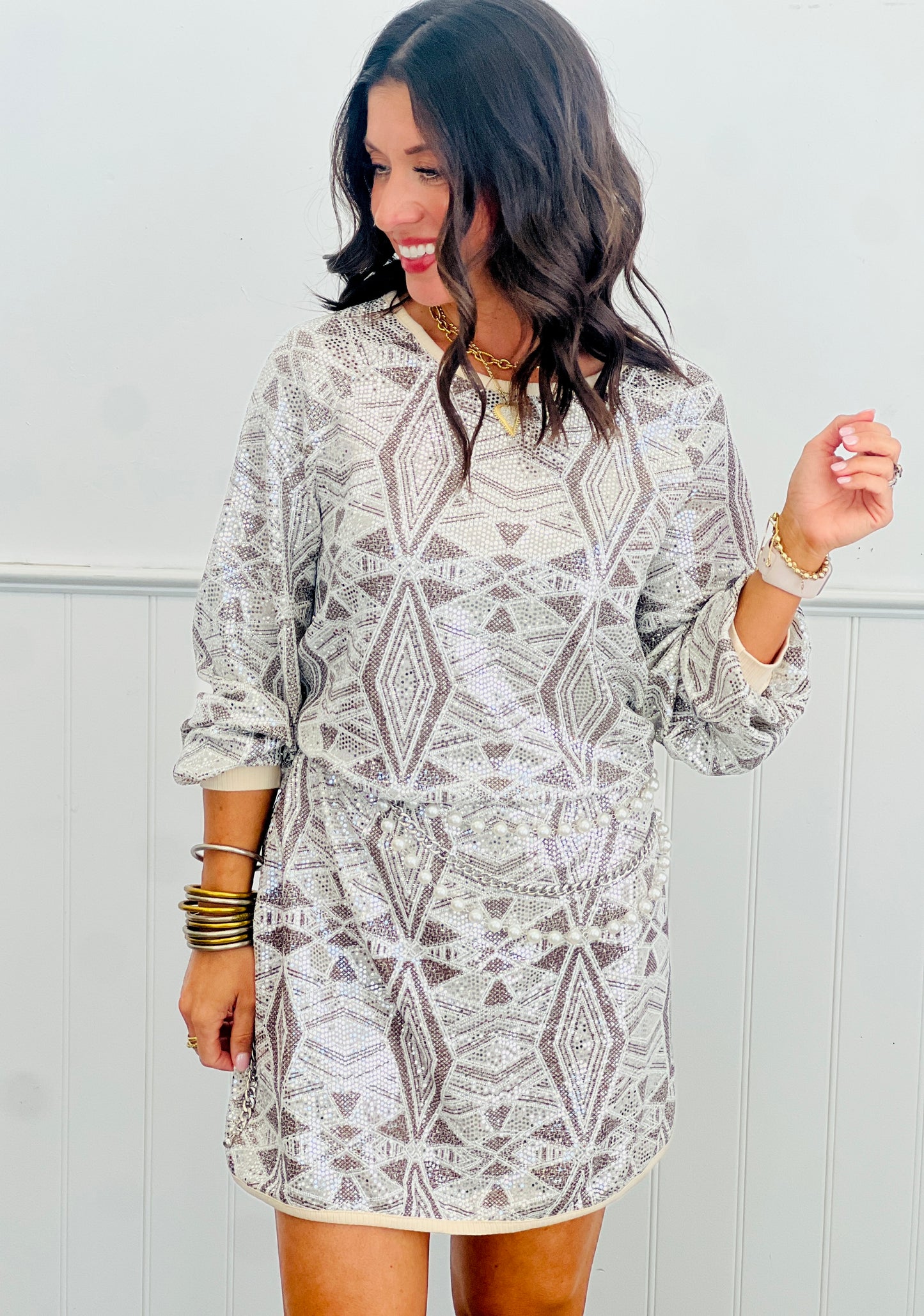 Natural Geometric Sequin Mini Dress (Reg. and Plus)