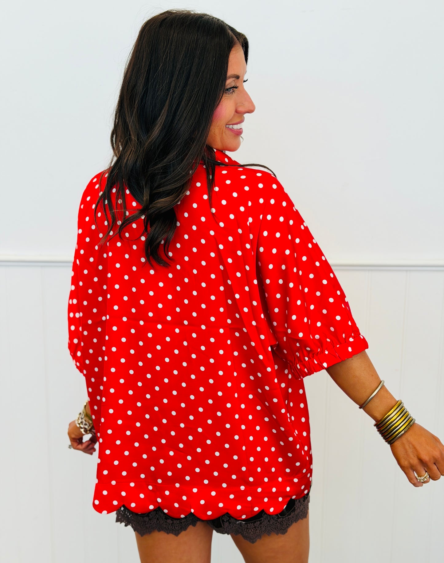 Polka Dot Satin Scallop Trim Top (Reg.) - 2 Colors
