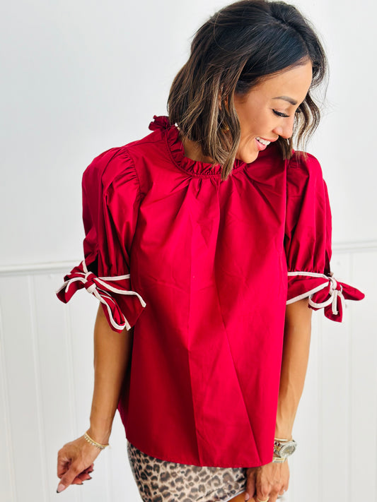 Crimson Bow Tie Sleeve Mock Neck Top (Reg)