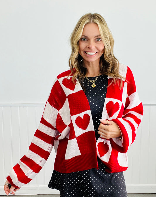 Red Heart Checkered Sweater Cardigan (Reg.)