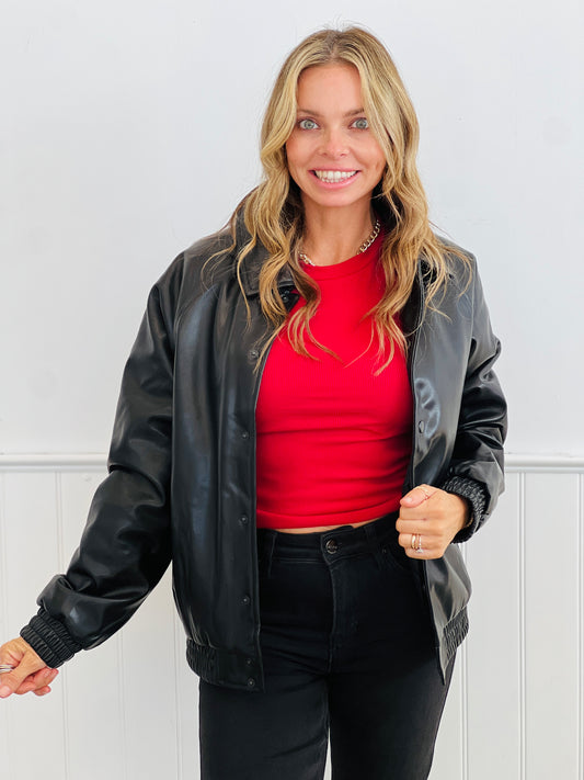 Black Faux Leather Bomber Jacket (Reg.)