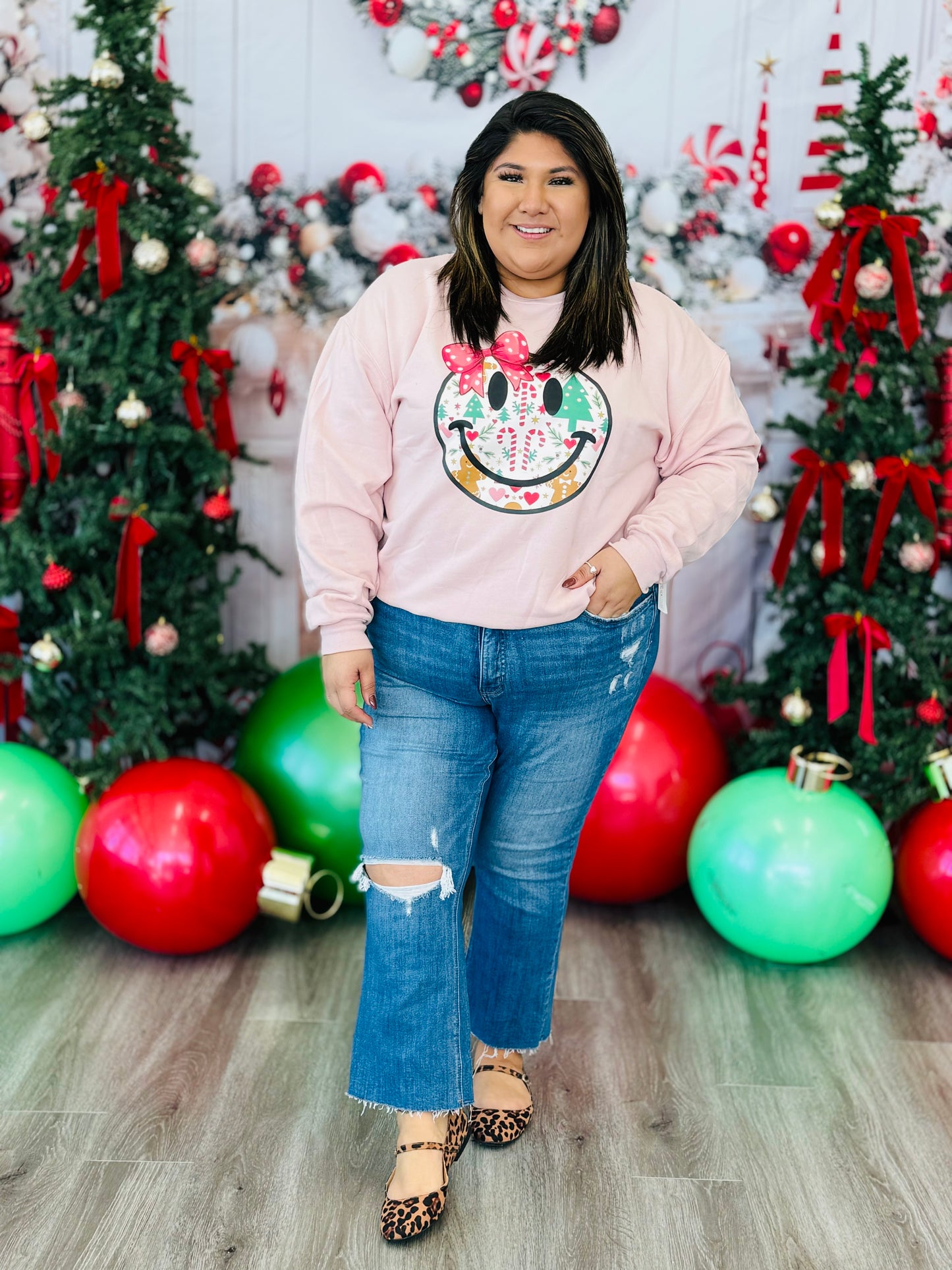 Pink Holiday Happy Face Sweatshirt (Reg. and Plus)