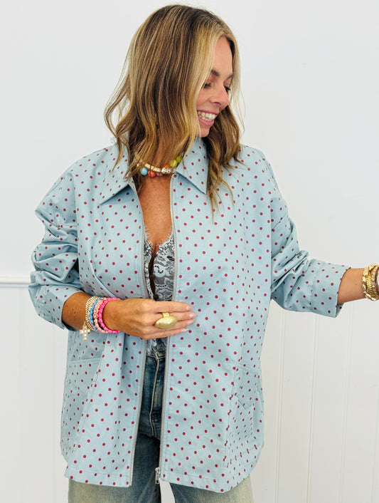 Blue Polka Dot Zip Up Shacket (Reg & Plus)