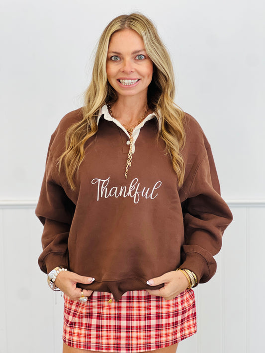 Brown Thankful Embroidered Fleece Sweatshirt (Reg.)