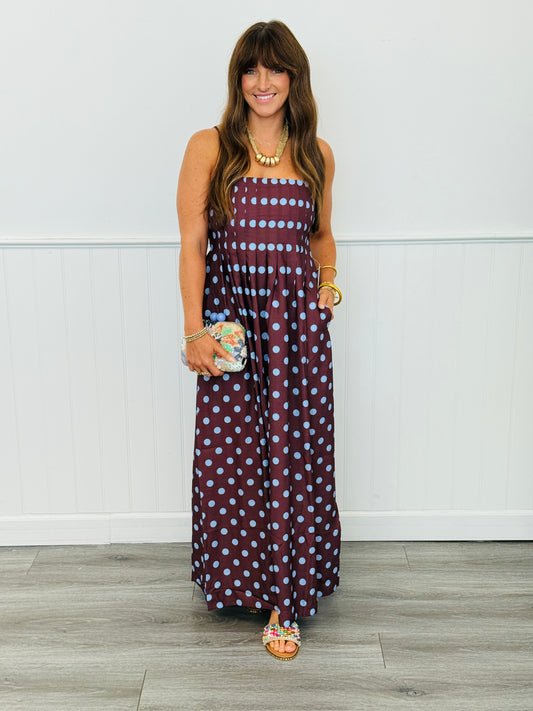 Brown Polka Dot Pleated Strappy Maxi Dress (Reg & Plus)