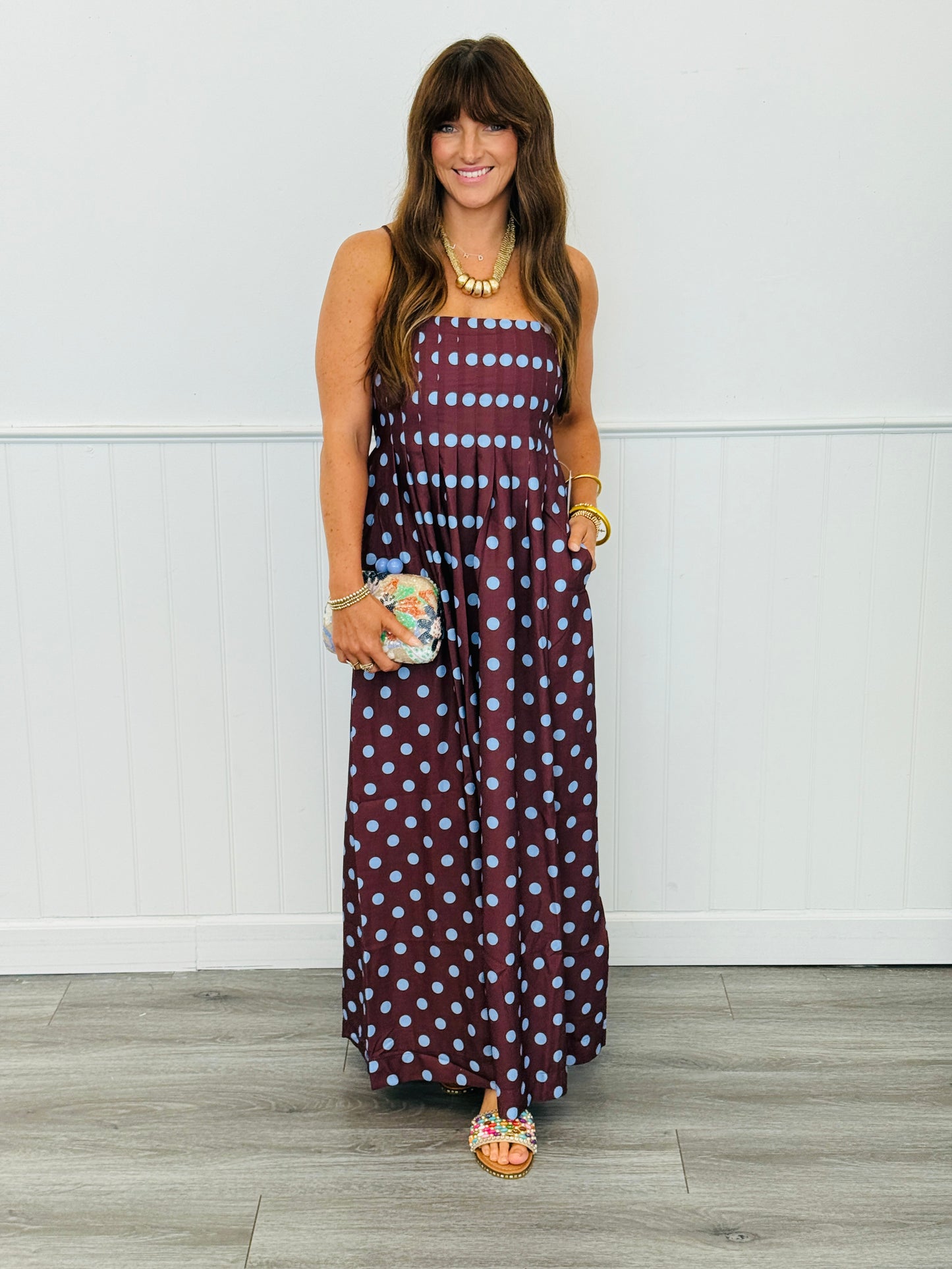 Brown Polka Dot Pleated Strappy Maxi Dress (Reg & Plus)