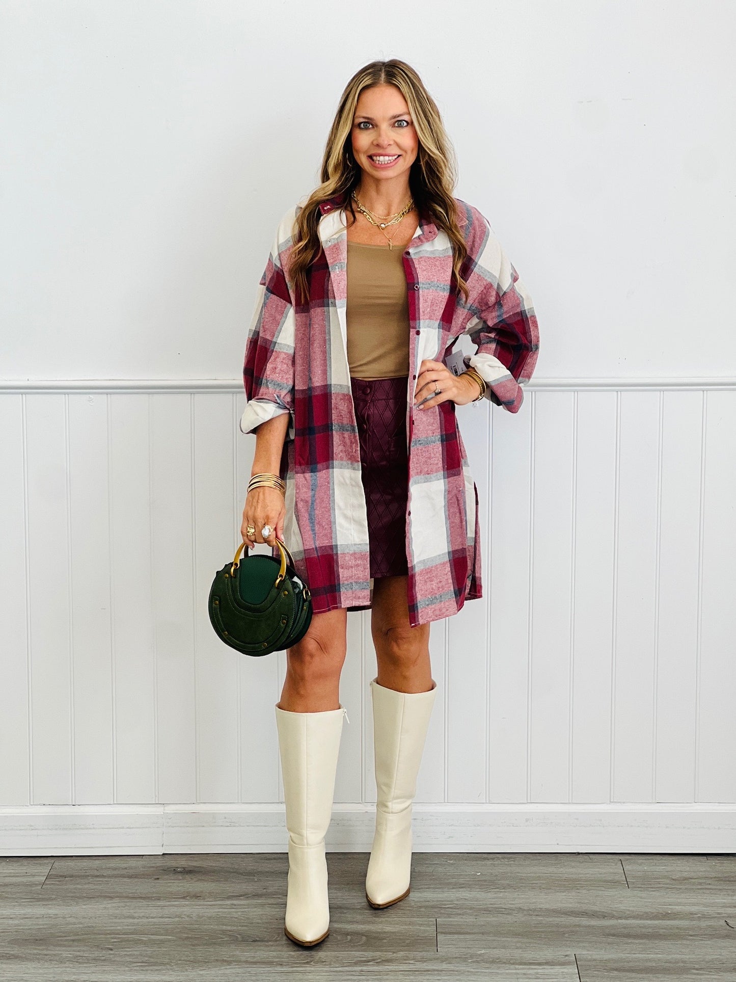 Wine Combo Plaid Oversized Button Down Top (Reg.)