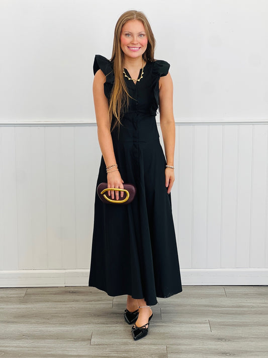 Black Ruffled Power Shoulder Maxi Dress (Reg)