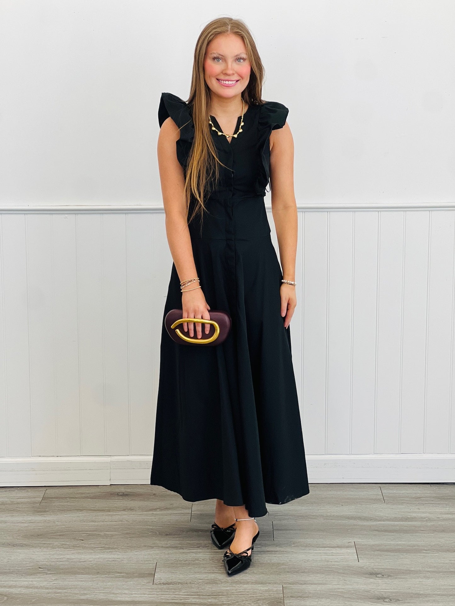 Black Ruffled Power Shoulder Maxi Dress (Reg)