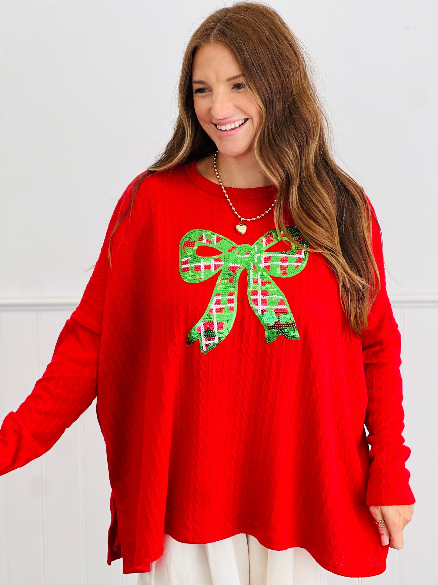 Christmas Sequin Bow Long Sleeve Top (Reg. and Plus)