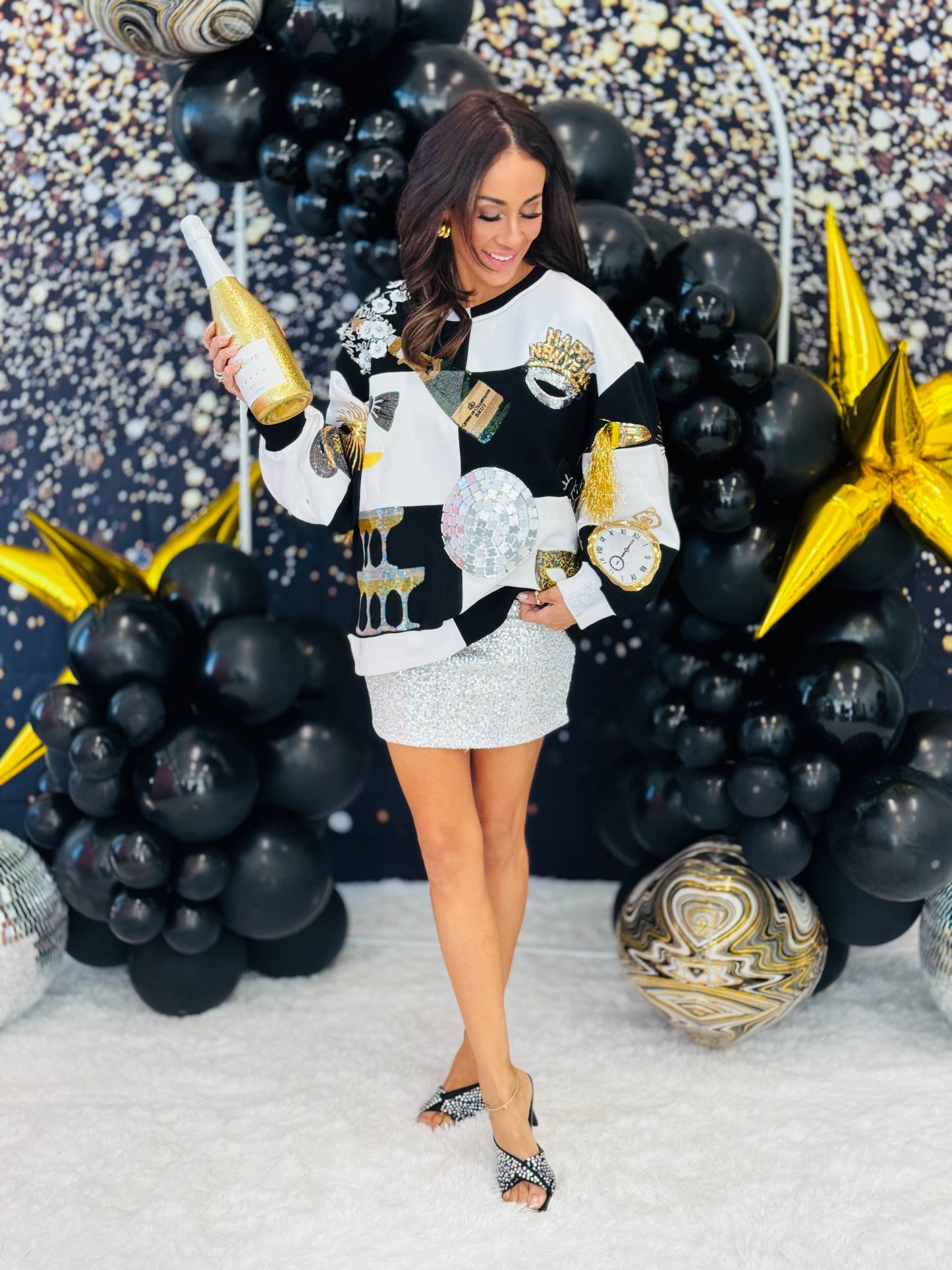 Queen Of Sparkles Black & White Checkered NYE Icon Sweatshirt (Reg. and Plus)