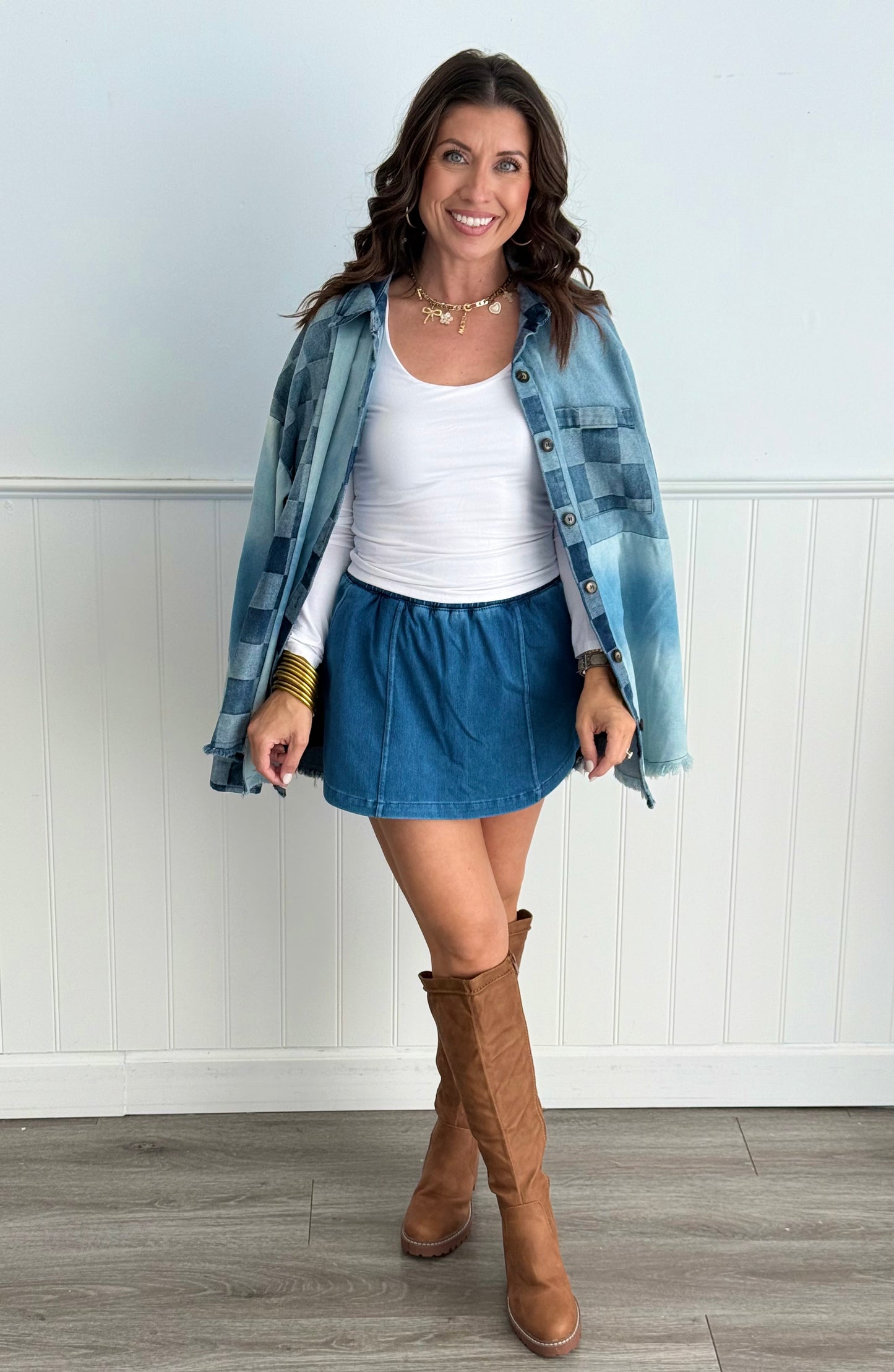 Denim Checkered Mix Match Top (Reg.)