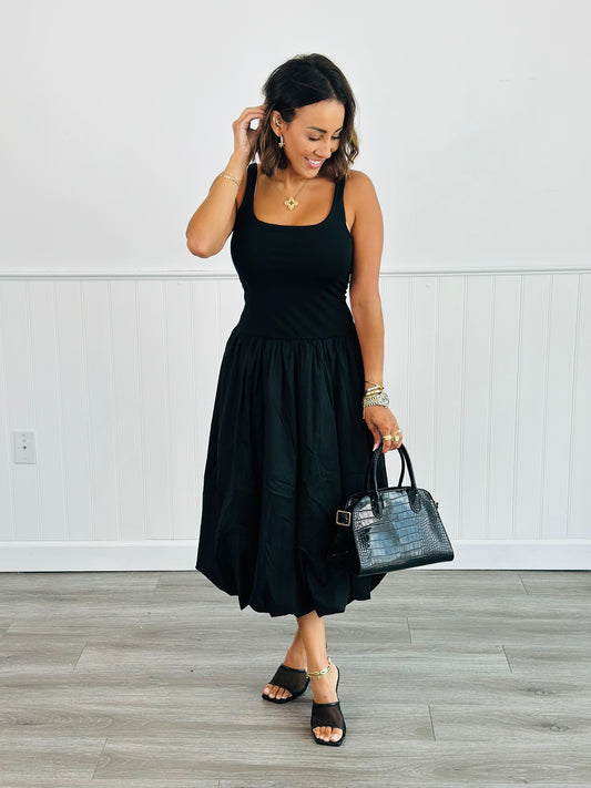 Black Sleeveless Balloon Midi Dress (Reg.)