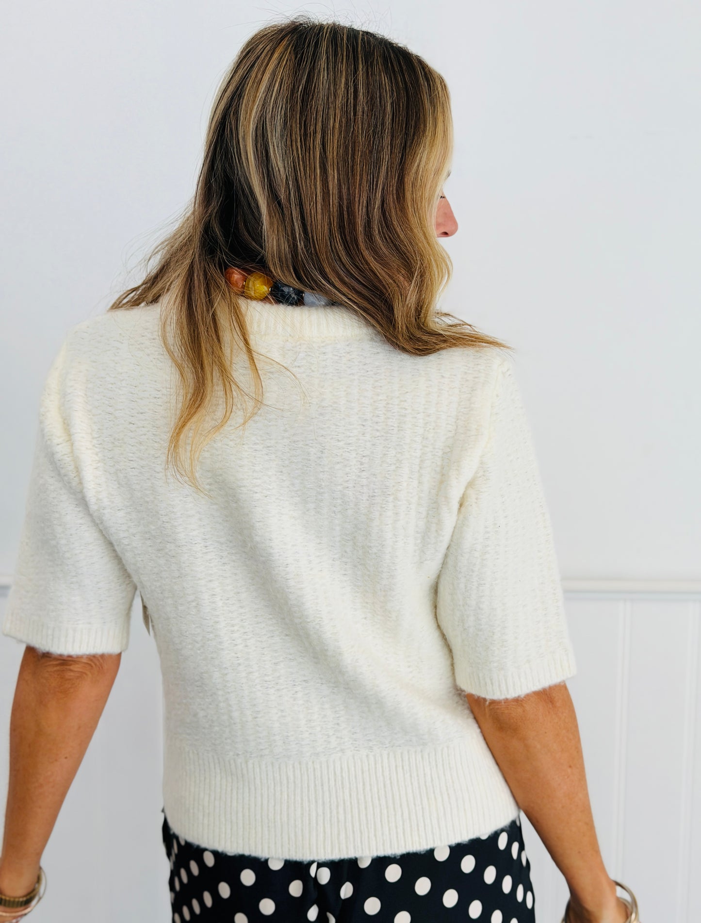 Cream Short Sleeve Bow Tie Cardigan (Reg.)