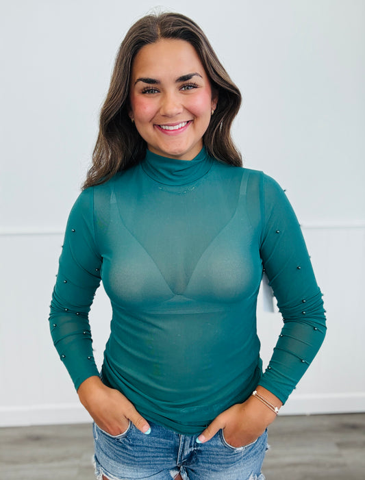 Green Pearl Detailed Mesh Top (Reg. and Plus)