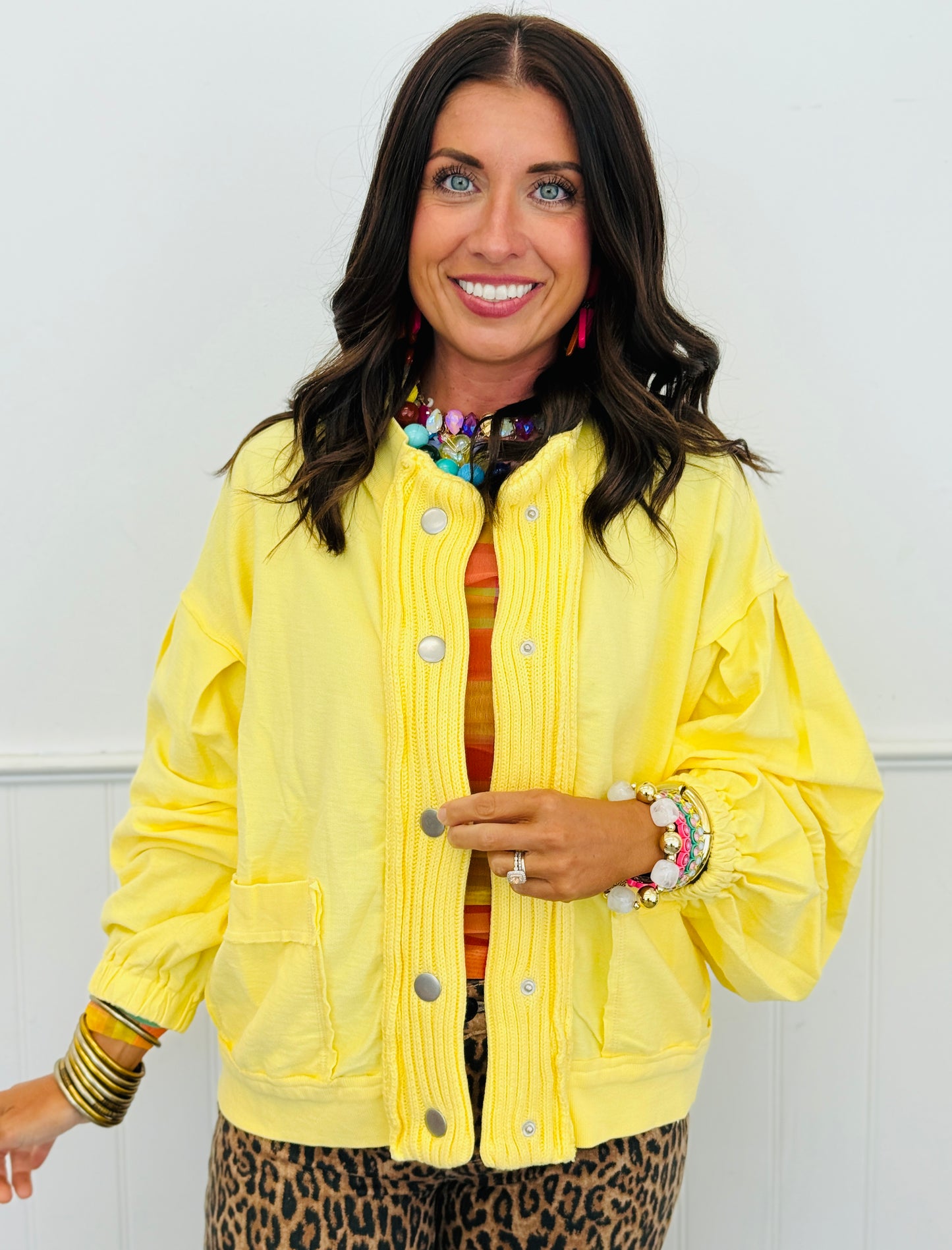 Butter Yellow Contrast Sweater Knit Snap Button Cardigan (Reg. and Plus)