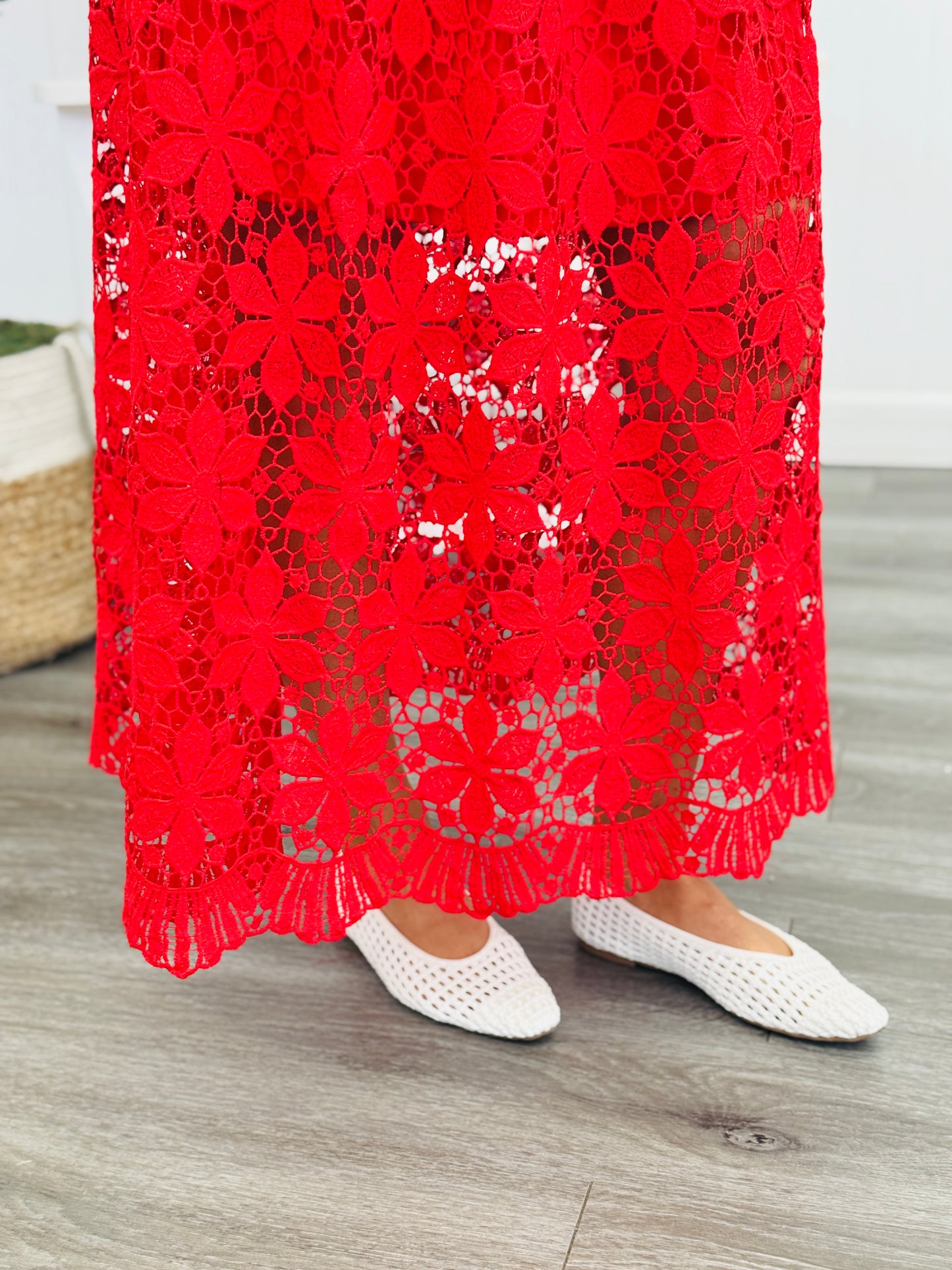 Tomato Red Lace Scalloped Midi Skirt (Reg.)