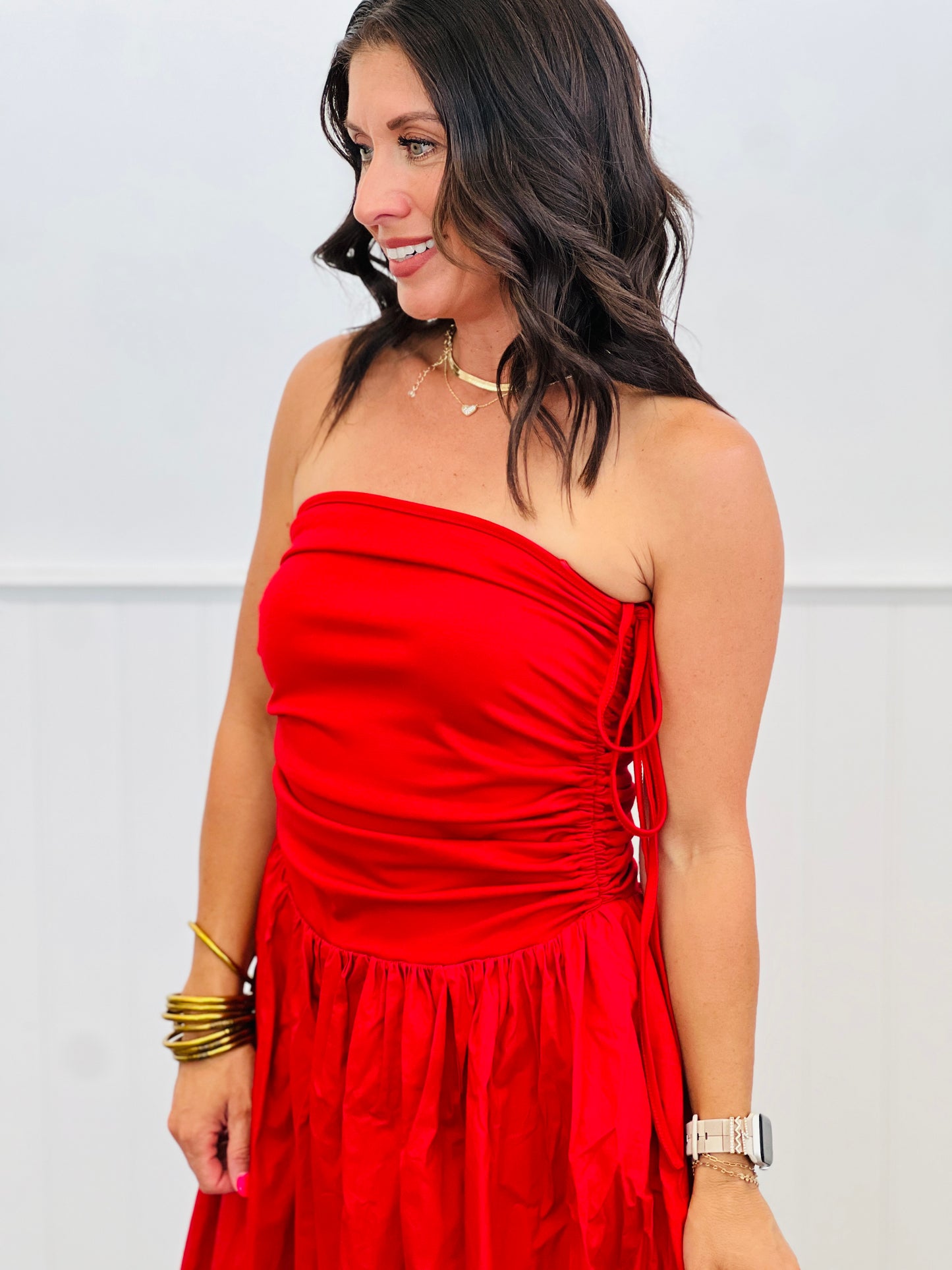 Red Ruched Side Tie Strapless Midi Dress (Reg)