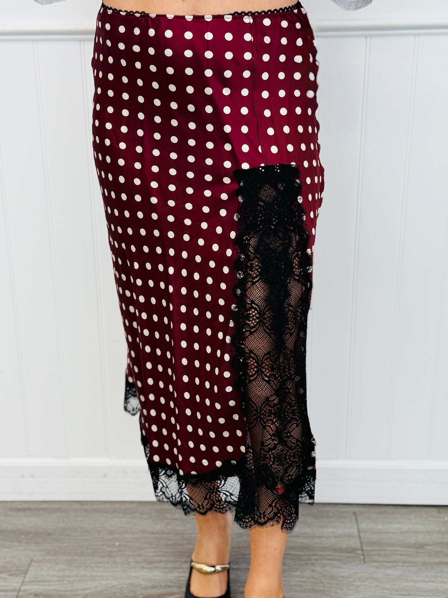 Polka Dot Satin Lace Trim Midi Skirt (Reg.)- 2 Colors