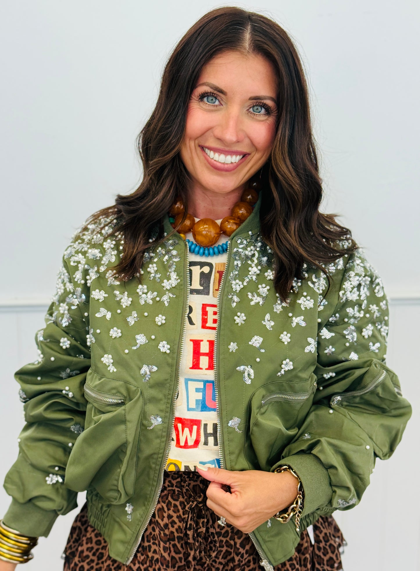 Olive Beaded Sequin Zip Up Jacket (Reg.)