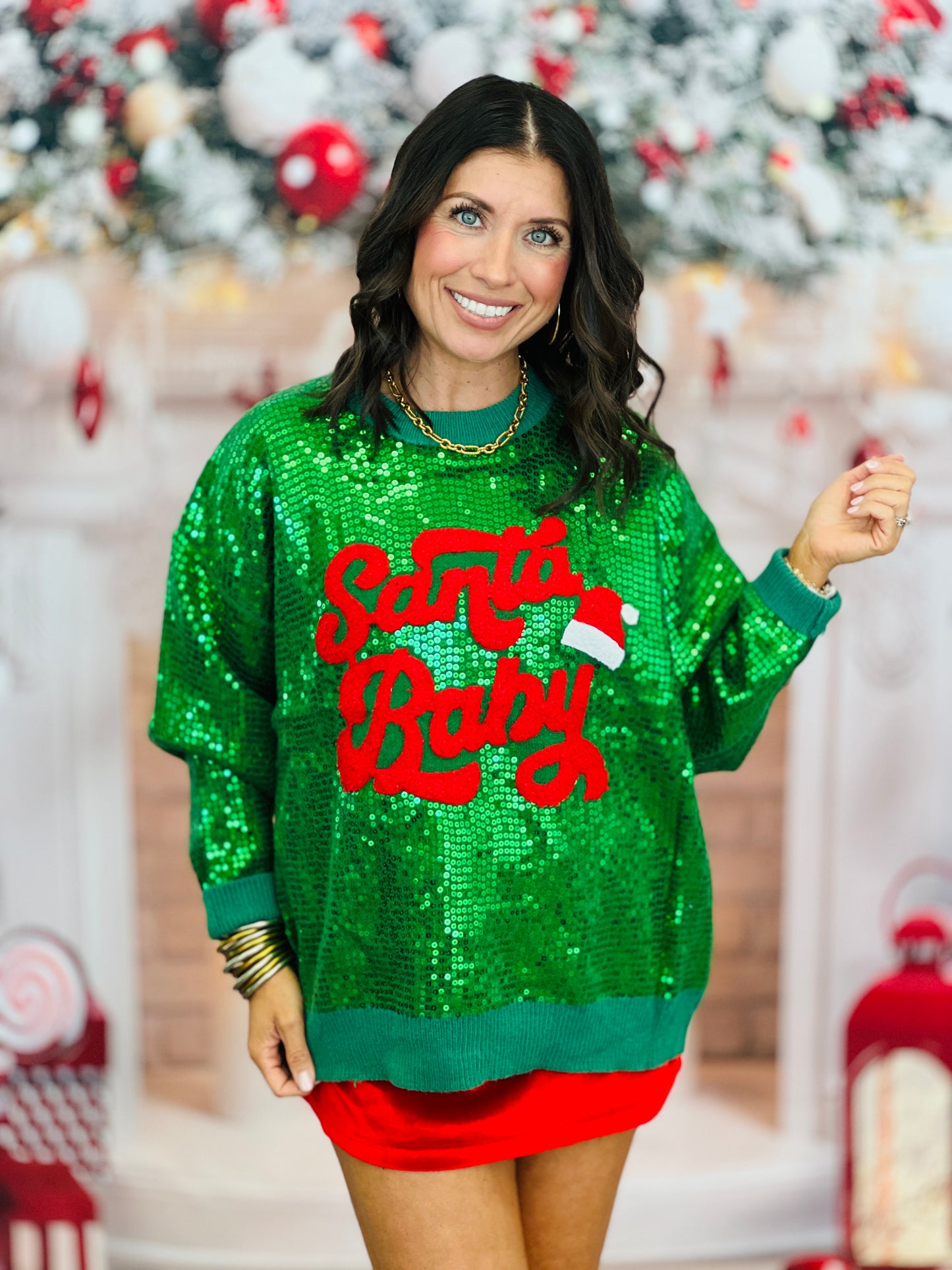 Green Santa Baby Sequin Sweater Top (Reg & Plus)