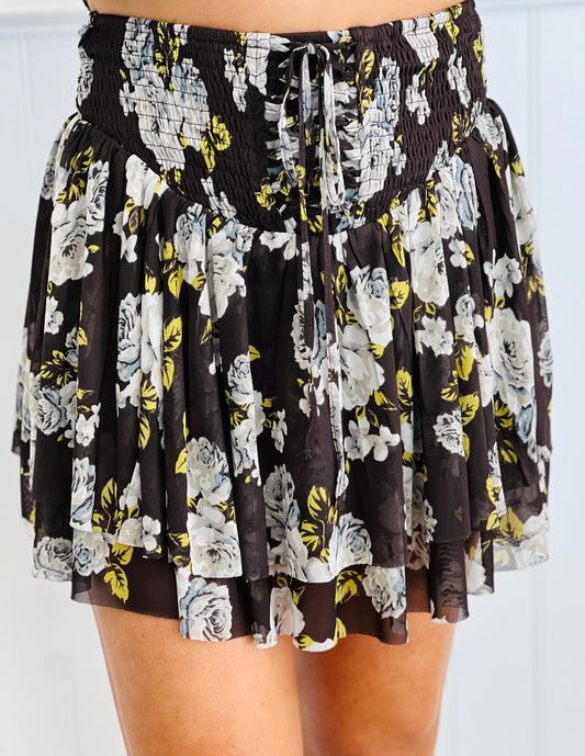 Charcoal Brown Floral Mesh Mini Skort (Reg.)