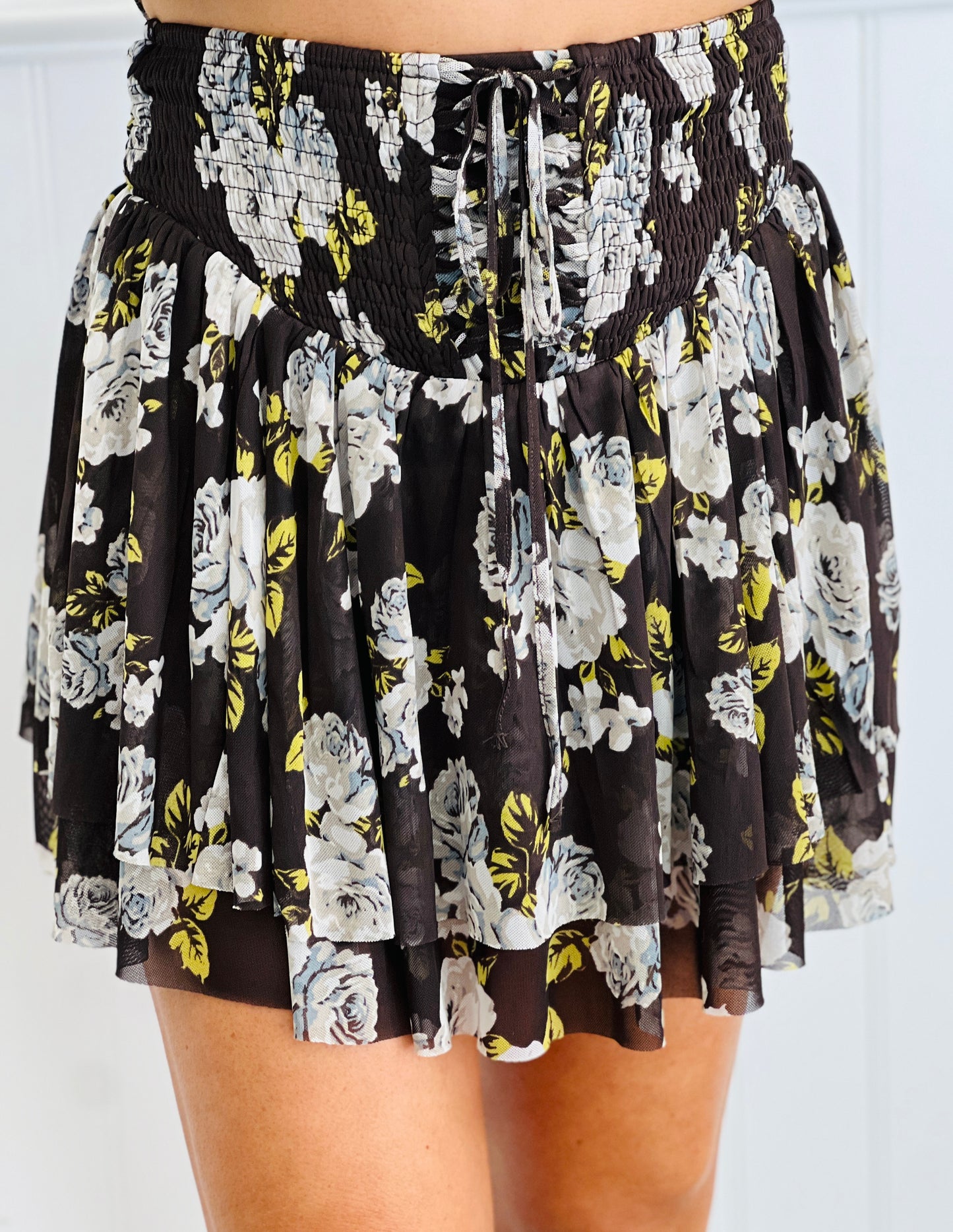 Charcoal Brown Floral Mesh Mini Skort (Reg.)