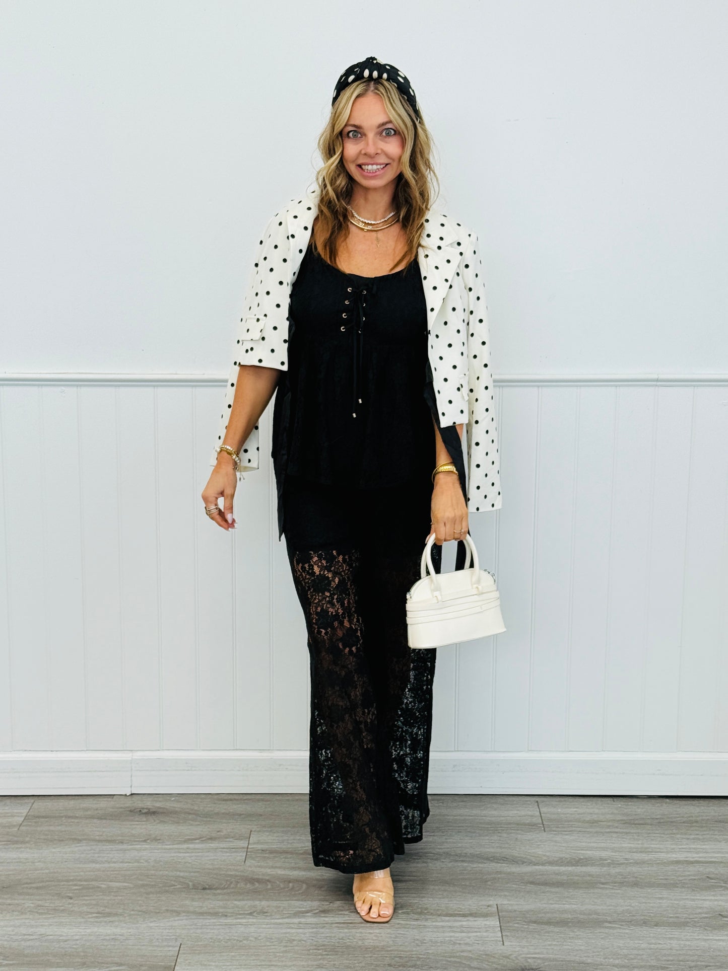 Black Lace Up Babydoll Cami Top & Pants Set (Reg.)