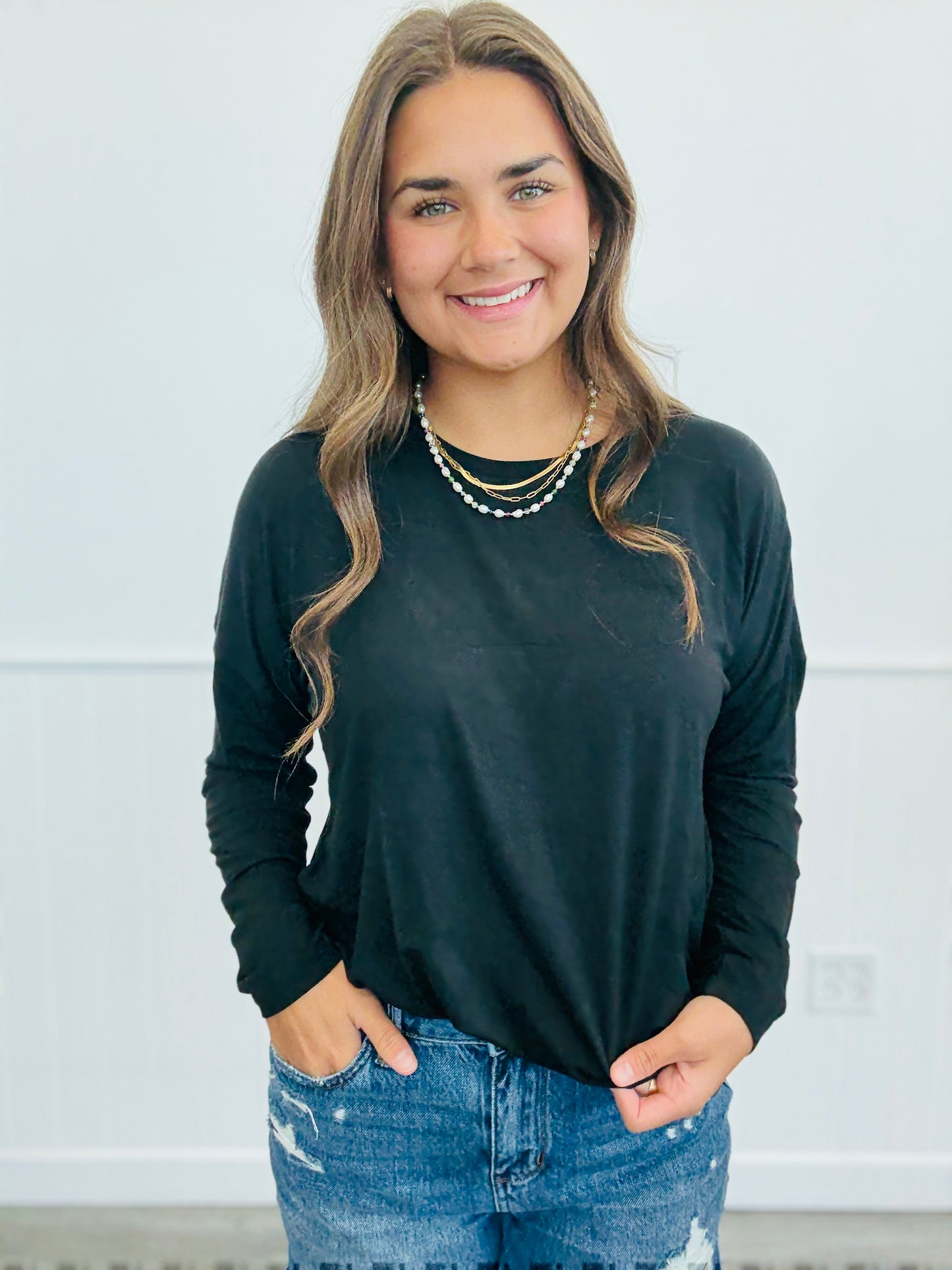 Curved Hem Long Sleeve Top (Reg.)-5 Colors