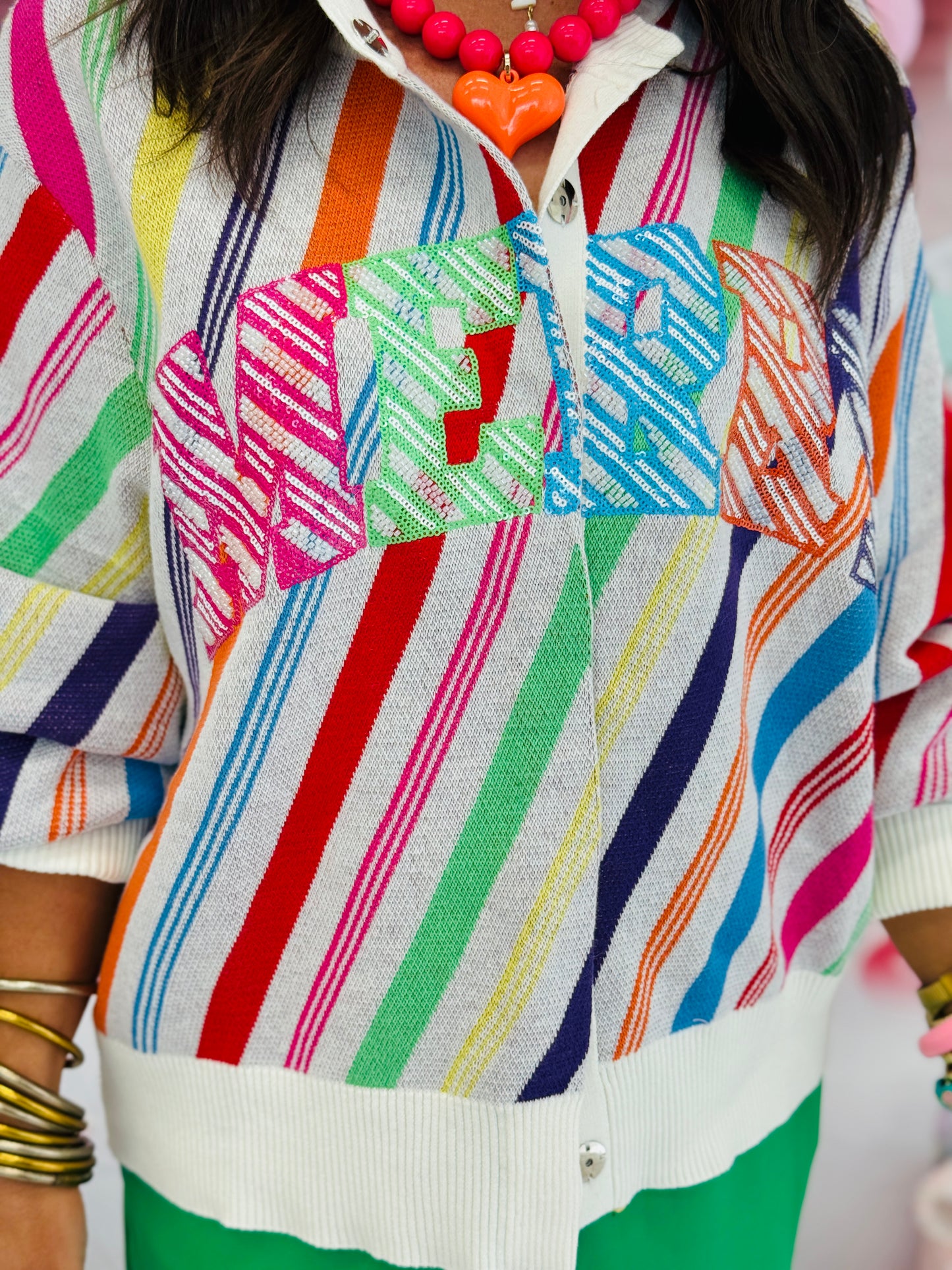Queen Of Sparkles  Rainbow Striped 'Merry' Button Up Cardigan (Reg. and Plus)