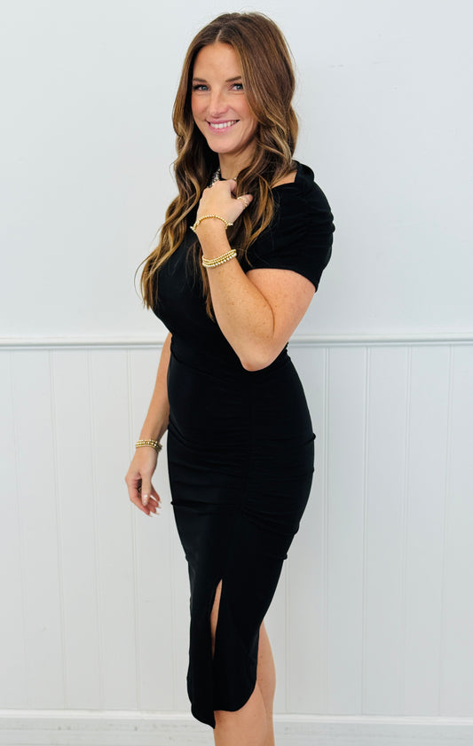 Black Side Ruched Midi Dress (Reg.)