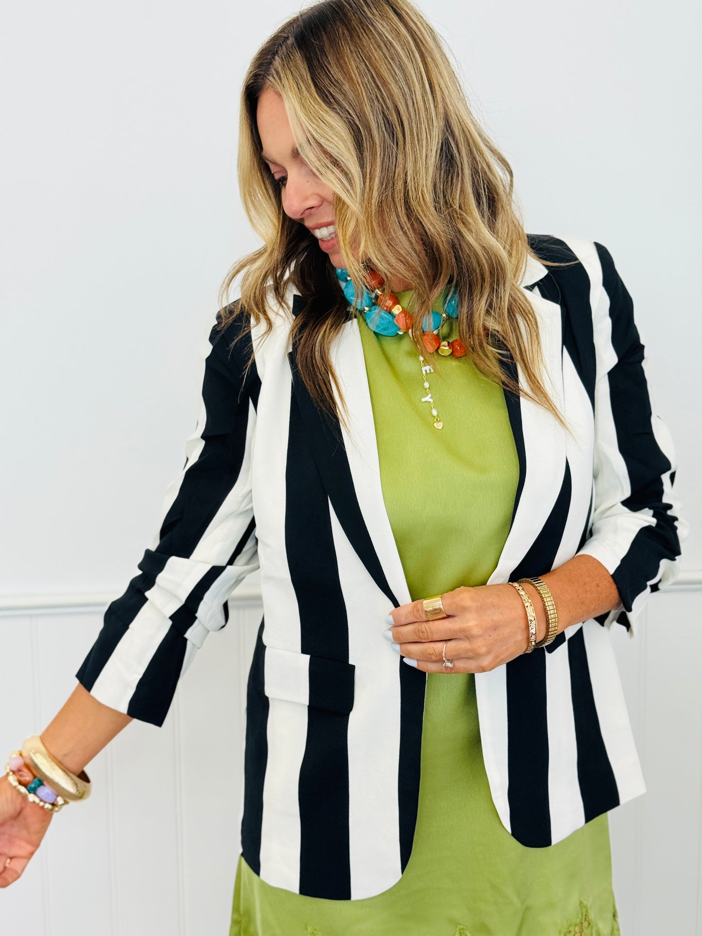 Black White Vertical Stripe Relaxed Blazer (Reg. & Plus)